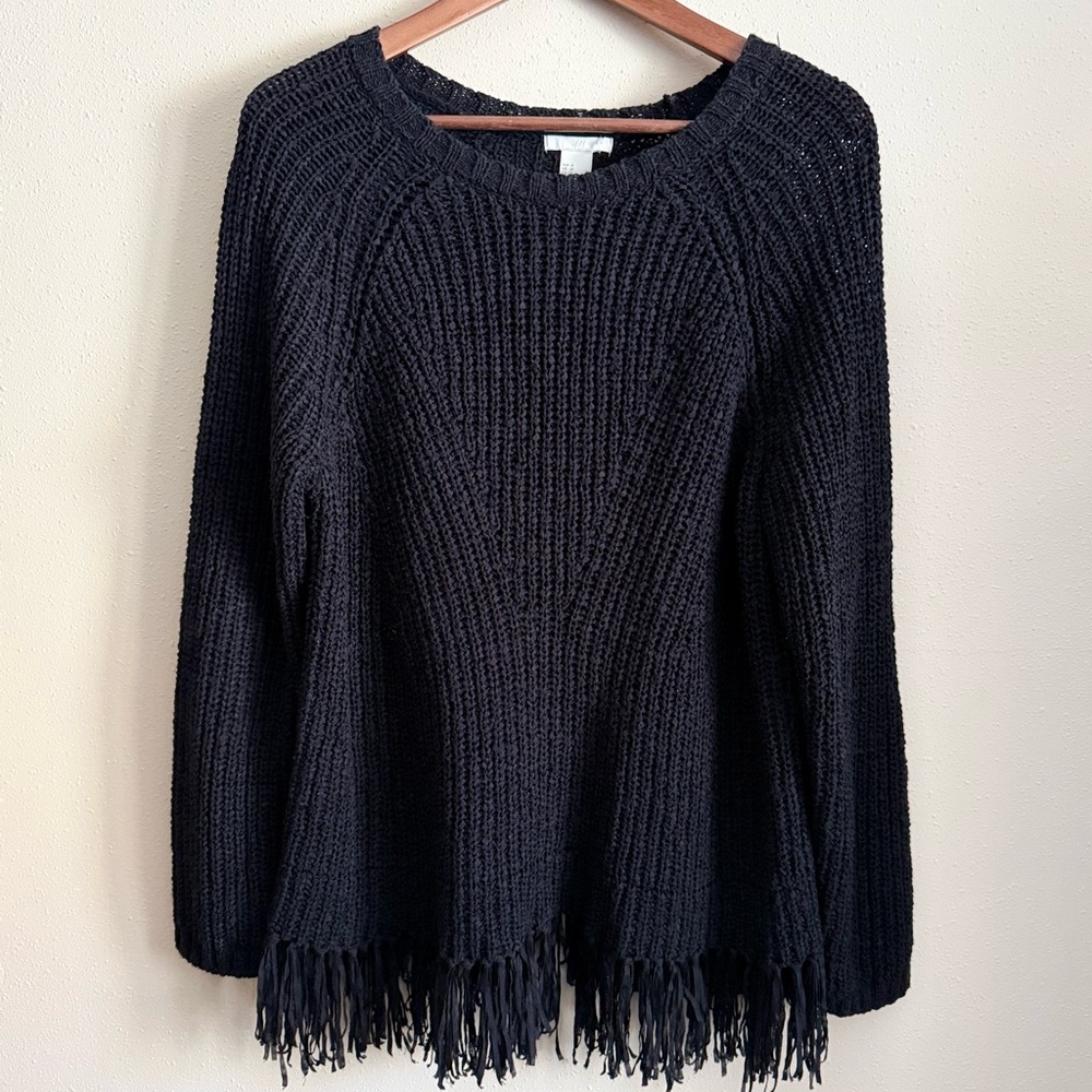 H&M Black Fringe Sweater Chunky Knit Boho Pullover Medium